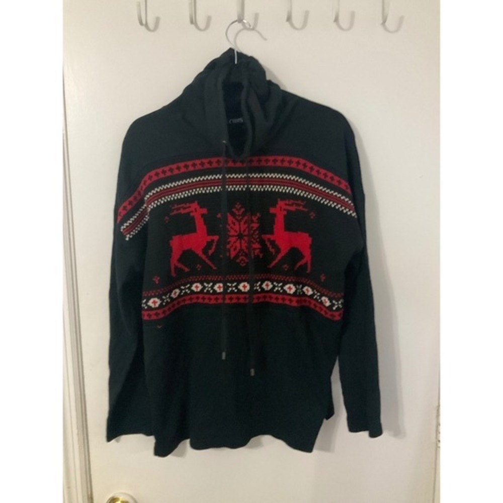 Chaps Womens Reindeer Fair Isle Cowl Neck Sweater Black Red Holiday Large